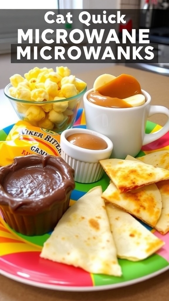 Quick microwave snacks including cheesy popcorn, banana peanut butter mug, chocolate mug cake, and cheese quesadilla.